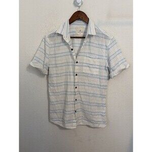 Amiani Mens Size S Blue Striped Cotton Button Up Shirt Beach Surf  Short Sleeve
